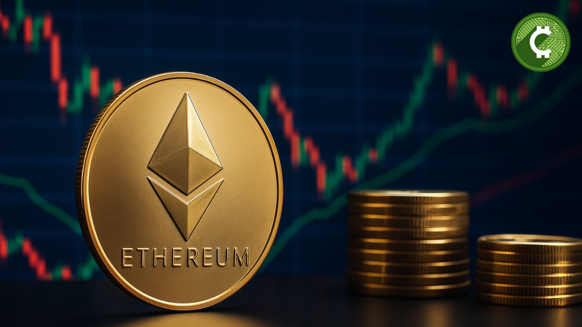 Moneda de Ethereum en primer plano con gráficas de mercado en segundo plano, representando acumulación de ballenas y proyección de precio a $3.500.