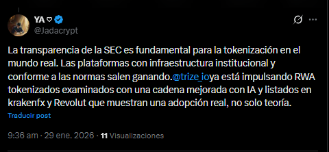 Un tuit de un miembro de la comunidad de las criptomonedas quien aplaude la guía de la SEC sobre los activos tokenizados.